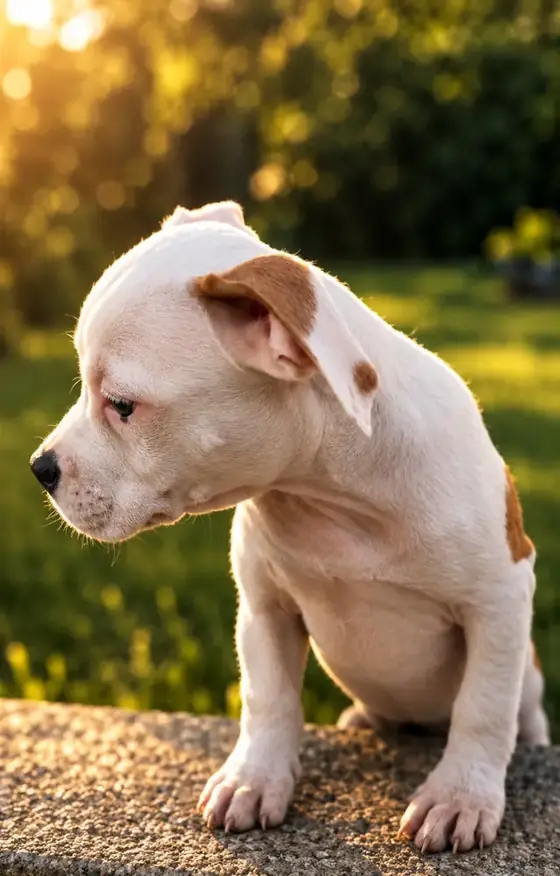 Brienne, chiot, assise sur un muret dans la lumière du soir.